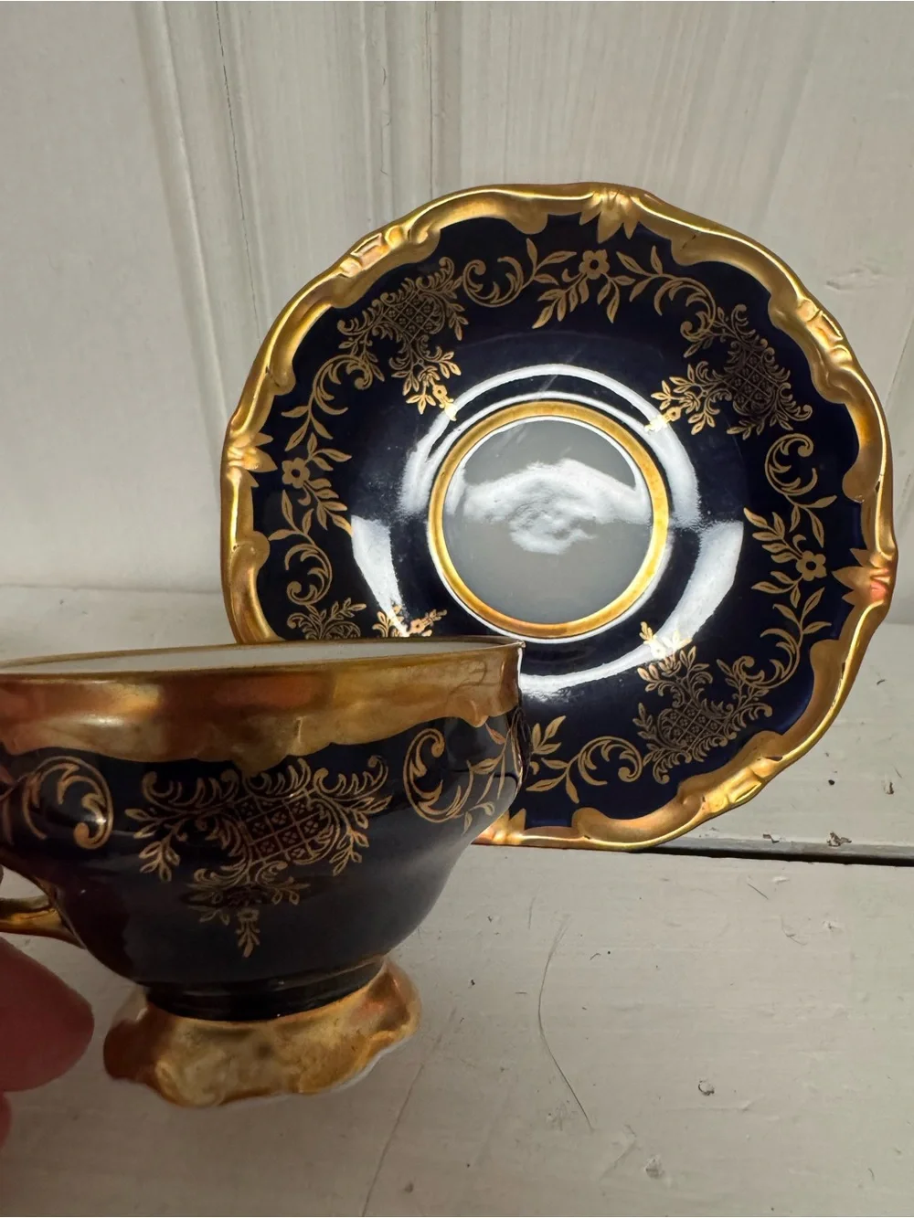 Vintage Weimar Porzellan Cobalt Blue Teacup & Saucer Set Gold Filigree Germany